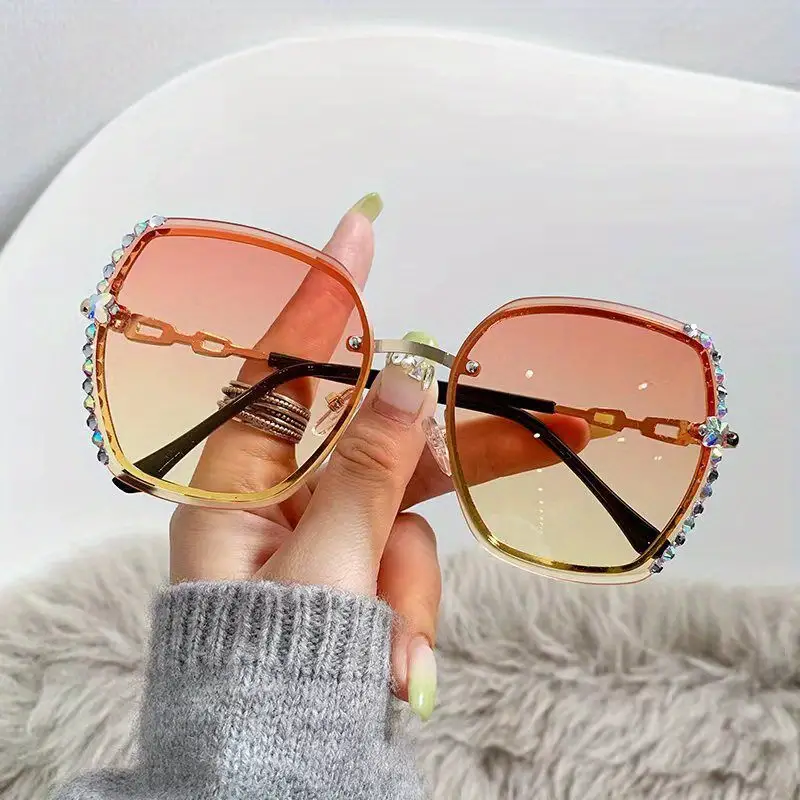 Rhinestone Decor Rimless Fashion Sunglasses Women Casual - Temu