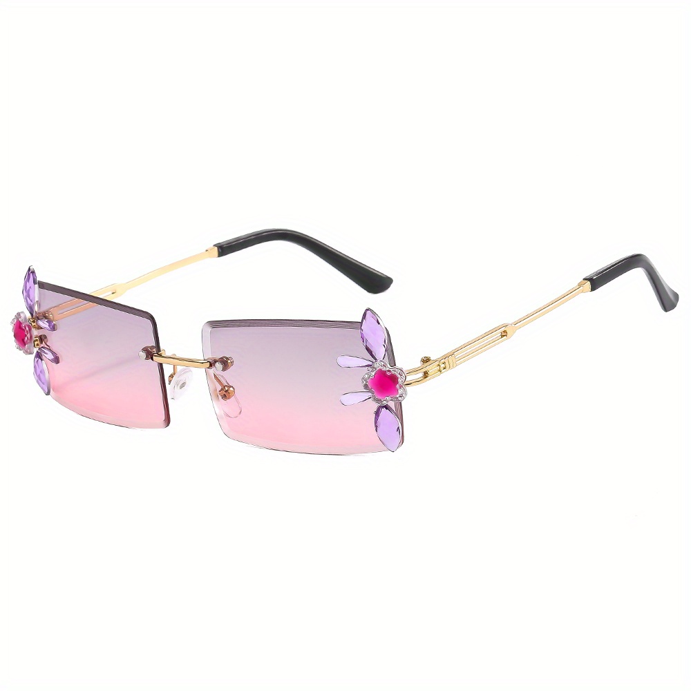 Luxury Rhinestone Trimmed Square Rimless Sunglasses - Purple