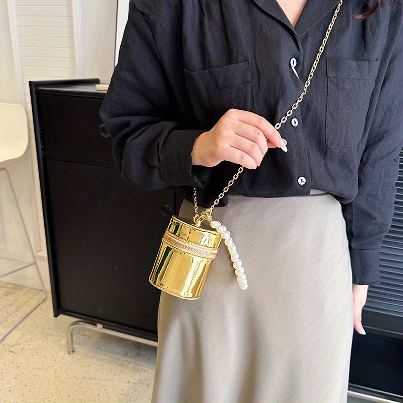 Mini Glossy Pearl Metal Chain Bucket Crossbody Bag Pu Leather