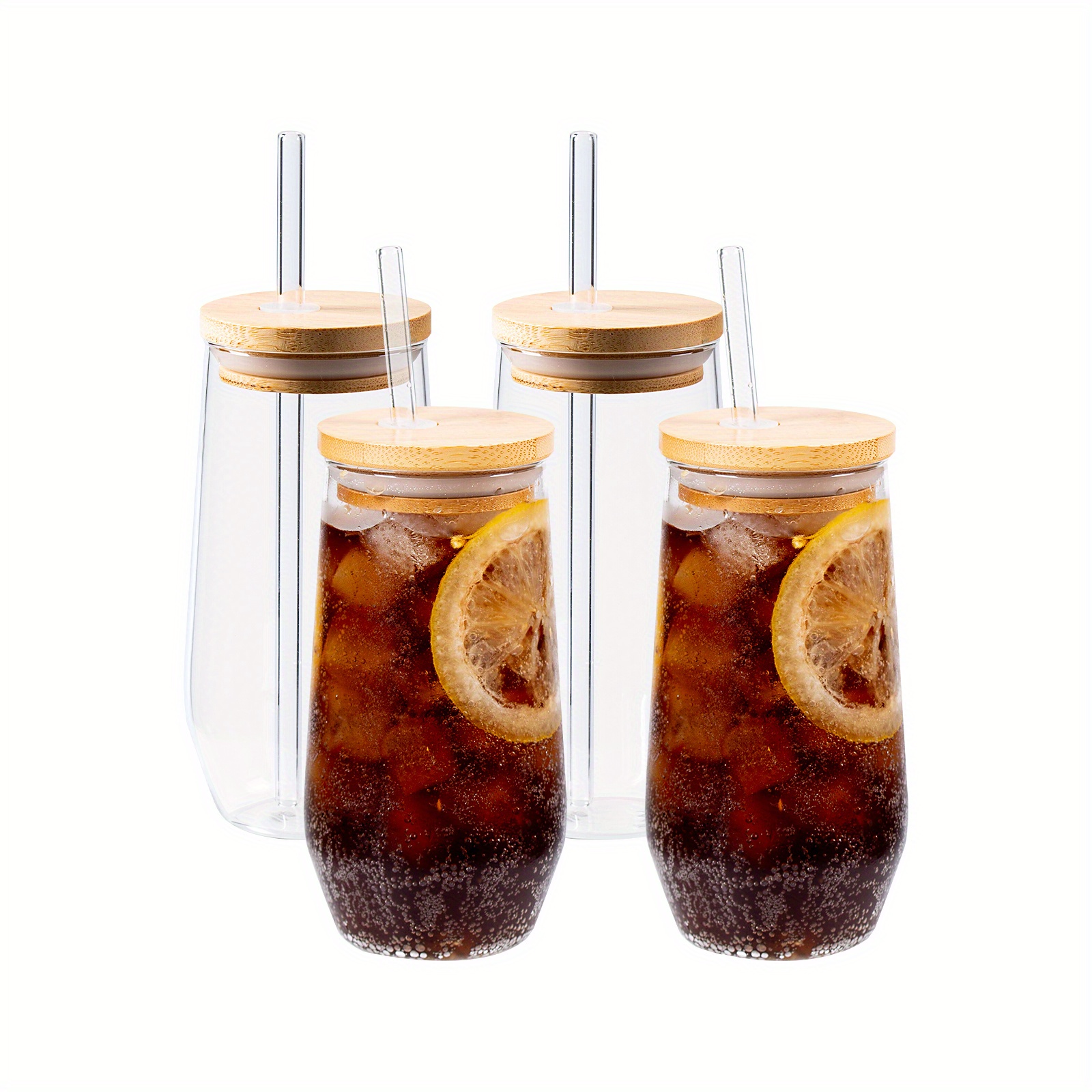 Glass Cups with Bamboo Lids and Glass Straw, Beer Can Shaped Drinking  Glasses, Iced Coffee Glasses Ideal for Whiskey, Soda, Tea, Water, Gift (4  Pack, 16 oz) 
