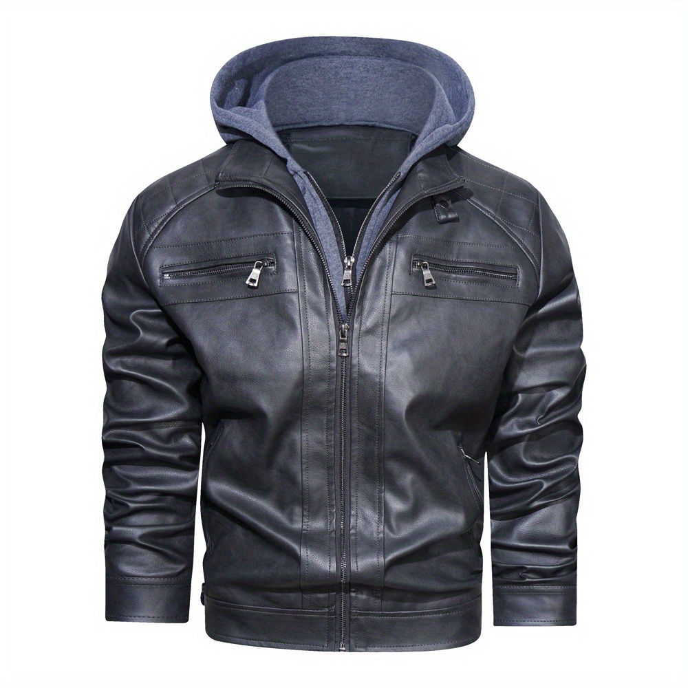 Chic Classy Pu Hooded Jacket, Men's Casual Vintage Style Zip Up Faux  Leather Jacket Coat For Spring Fall