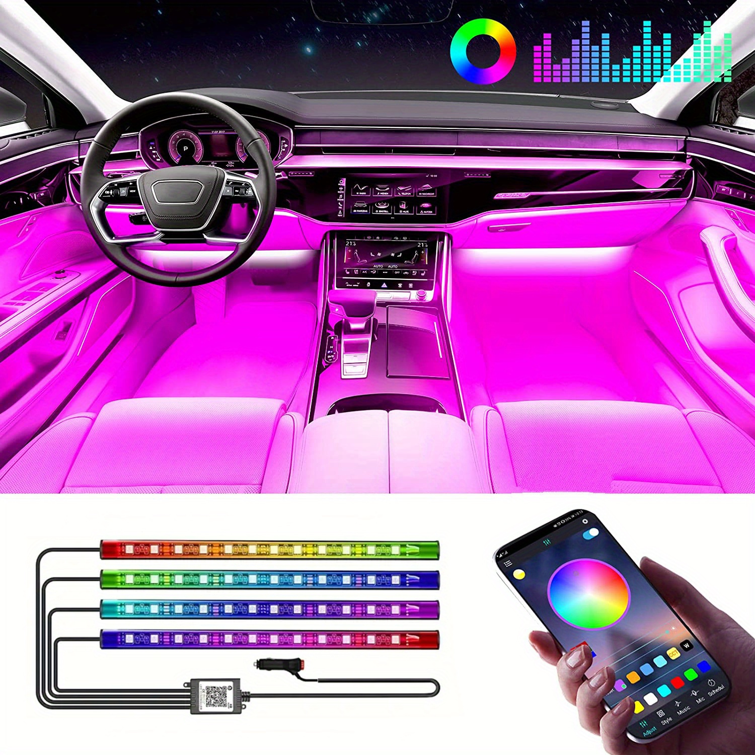 Luci Interne Auto, RGB Striscia LED con APP e Controller Aggiornati,  Impermeabile 48 LEDs, Multi Colore Music Sync Lampade, Adesivo Forte  Accessori Tuning, Porta USB 5V : : Auto e Moto