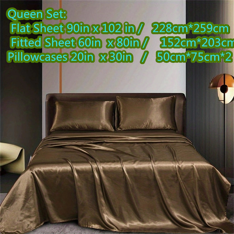 4PC Set Queen Flat Bed Sheets Satin Soft Silk Luxury Bedding