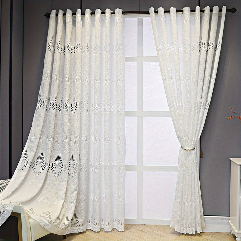 1pc elegant vintage white sheer curtain with feather leaf jacquard design semi transparent polyester grommet top for easy hanging ideal for living room privacy curtains for living room details 0