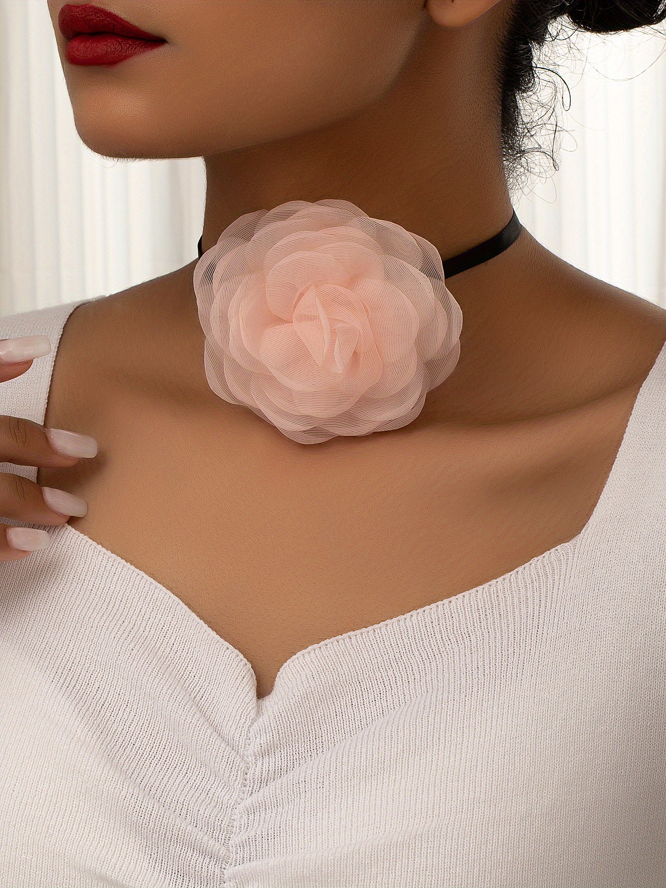 Rose Flower Choker Necklace For Women Long Flannelette Rope - Temu