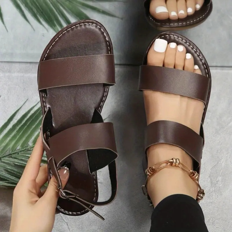 Women's Solid Color Flat Sandals Open Toe Buckle Strap Round Temu