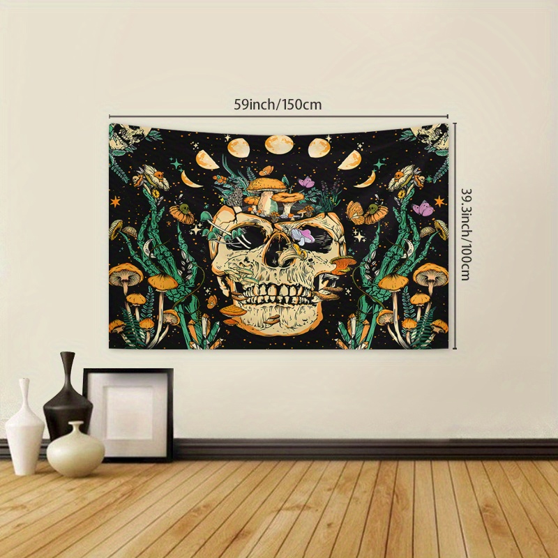 Skull Flowers Tapestry, Floral Skeleton Wall Hanging Moon Garden