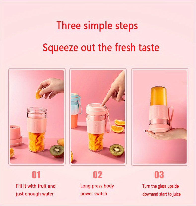 1pc, Portable Juicer, Juice Machine, Blender, USB Rechargeable Mini Juice Blender, Ice Crusher, Multifunctional Small Travel Smoothie Blender, Suitable For Home, Office, Outdoor, 300ml Capacity, Pink And Green Optional details 5