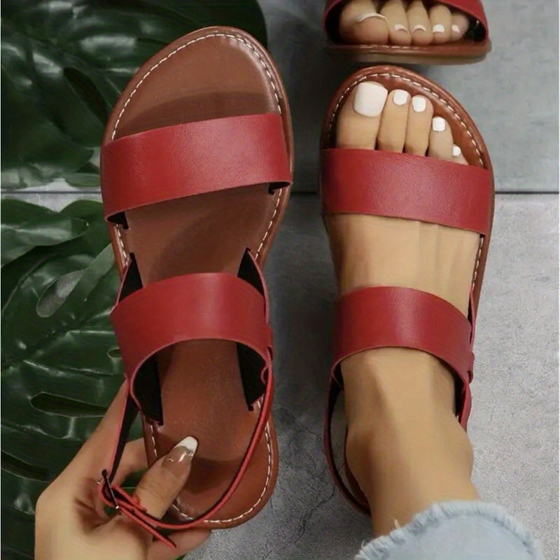 Women's Solid Color Flat Sandals Open Toe Buckle Strap Round Temu