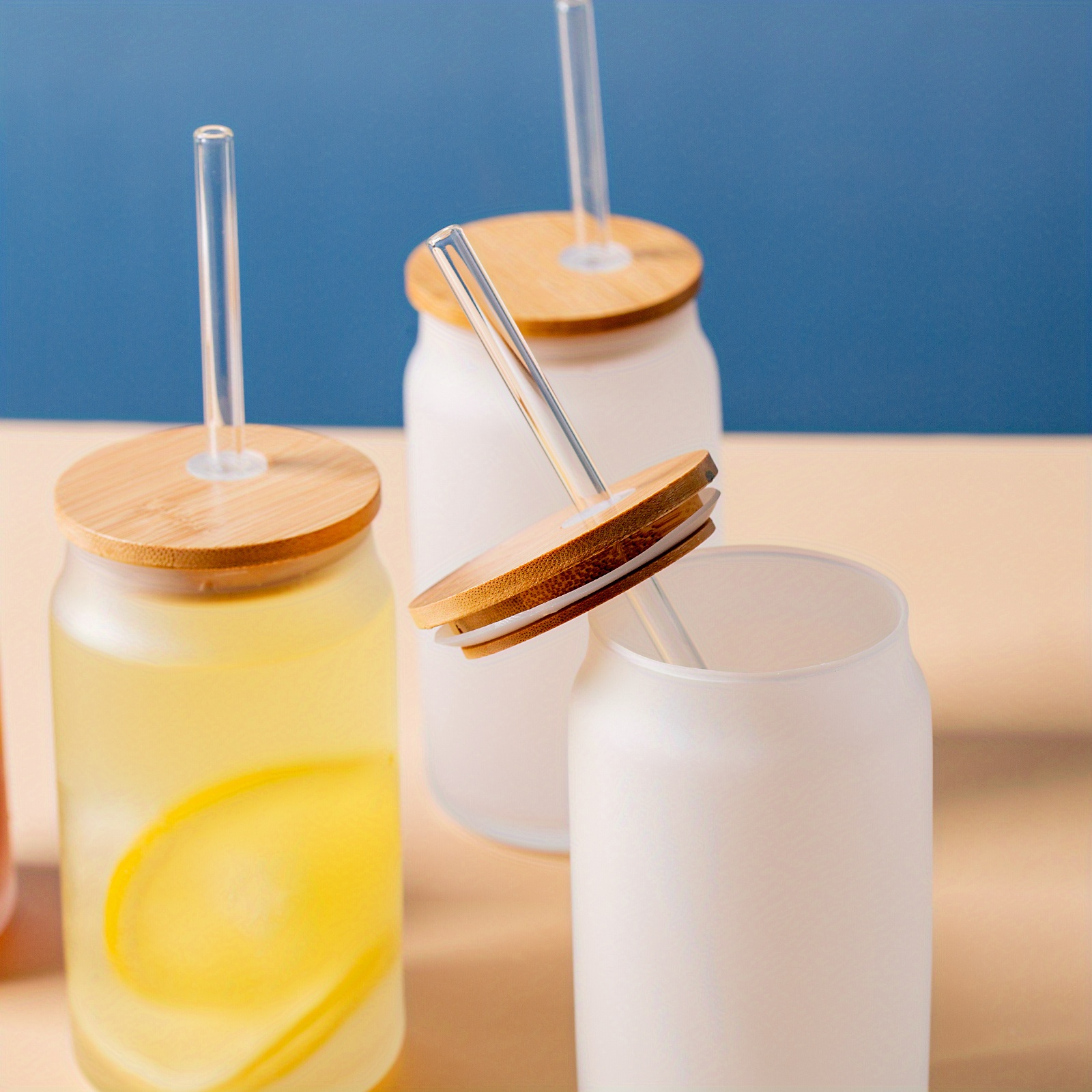 Glass Cups With Lids,Bamboo Lid With Straw,Beer Glasses With Lid And  Straw,Reusable Drinking Glasses