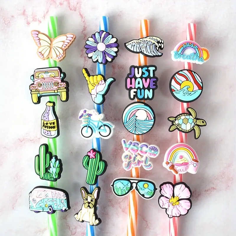 20PCS/set Summer Vacations Straw Toppers Charms For Tumblers Traveling  Flowers Straw Toppers For Drinking Decorations