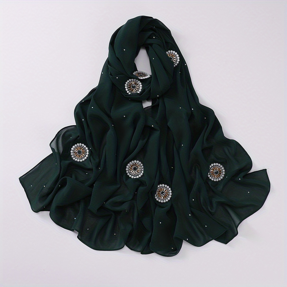 Faux Pearl Chiffon Hijab Scarf Solid Shawl Head Wrap Turban for Women