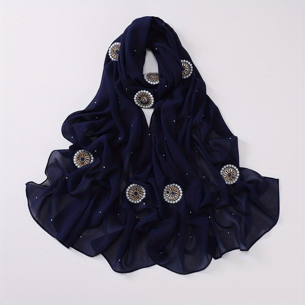 Faux Pearl Chiffon Hijab Scarf Solid Shawl Head Wrap Turban for Women