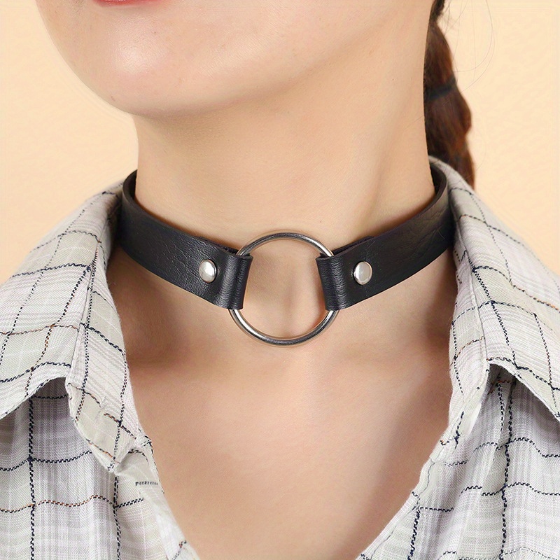 Women Men PU Leather Spike Rivet Stud Collar Choker Necklace Big O-ring  Punk Rock Gothic Chokers Adjustable Clavicle Chain 