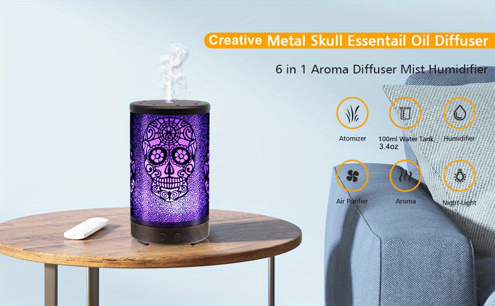 1pc 100ml 3 4oz 7 colors creative skull essential oil diffuser metal aromatherapy ultrasonic cool mist humidifier with led mood light and waterless auto off perfect for home office and gifting details 0