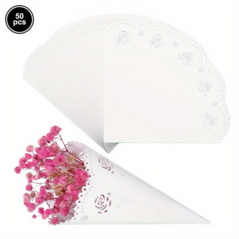50 Conos Confeti Boda Conos Flores Papel Blanco Rosa Hueco - Temu