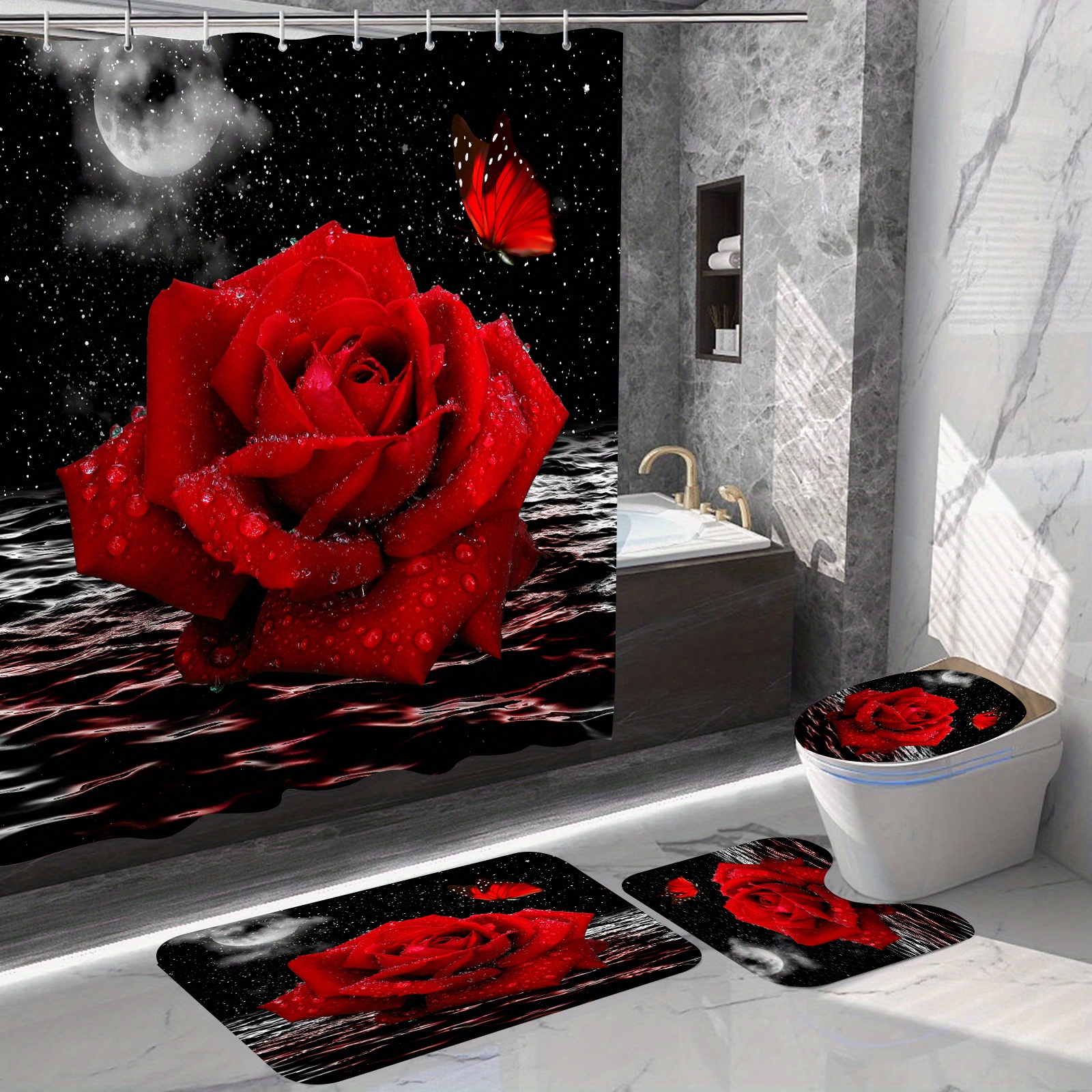 4Pcs Red Flower Shower Curtain and Rug Sets Bathroom Decor, Waterproof  Shower Curtain with Hooks and 3Pcs Toilet Cover Mat Set 