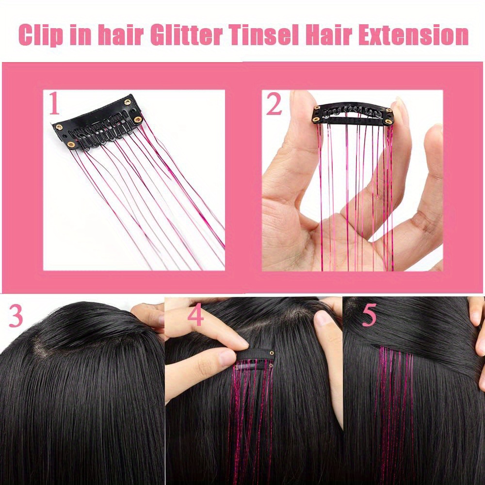 Y2K Party Glittery Tinsel Hair Extension 6pcs/set Clip in Hair Tinsel Kit Sparkle Hair Accessories for Women Girls Kids,Temu