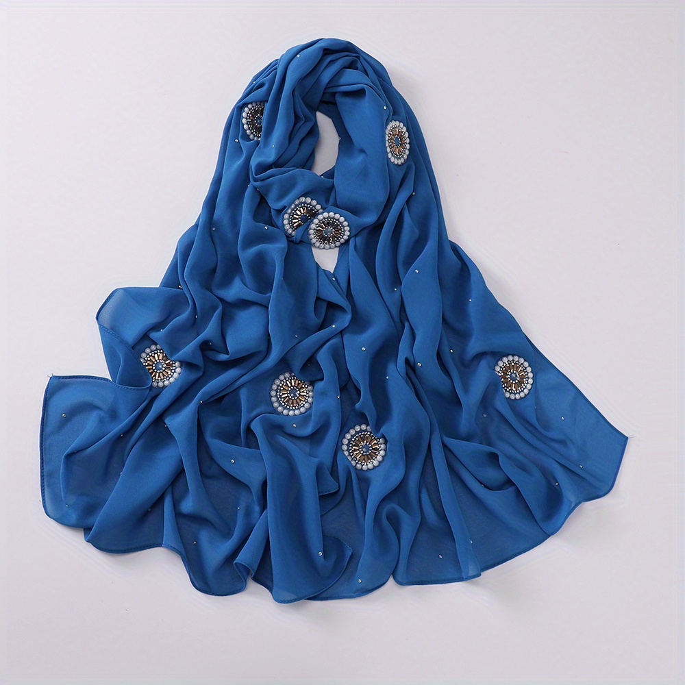 Faux Pearl Chiffon Hijab Scarf Solid Shawl Head Wrap Turban for Women