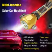 solar car multi function flashlight emergency light with power bank compass safety hammer rope cutter magnet mosquito repellent lamp for outdoor camping hiking details 0