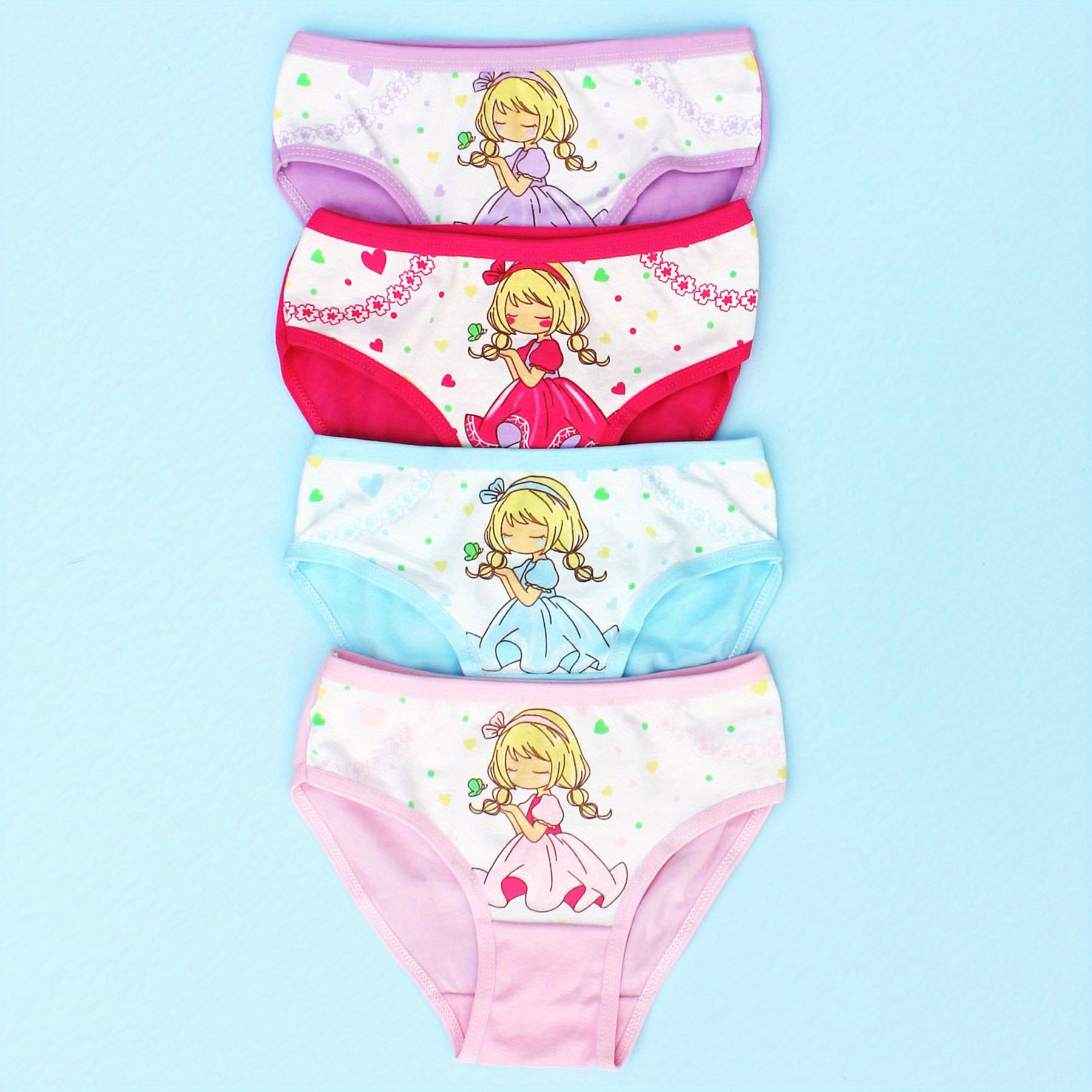 4pcs Girls Triangle Panties Cute Princess Print Comfortable Breathable  Underwear 95% Cotton