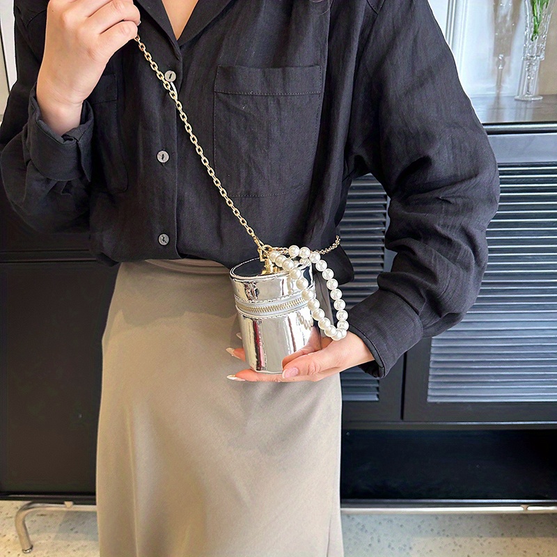 Mini Glossy Pearl Metal Chain Crossbody Bucket Bag, Pu Leather Textured Bag  Purse, Fancy Versatile Fashion Shoulder Bag - Temu