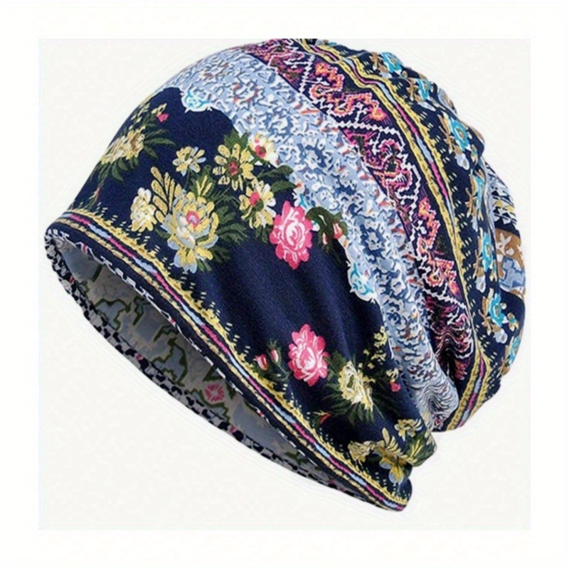 vintage floral print beanie boho coldproof warm knit hat casual headband elastic skull cap chemo hats for autumn winter 2 blue 6