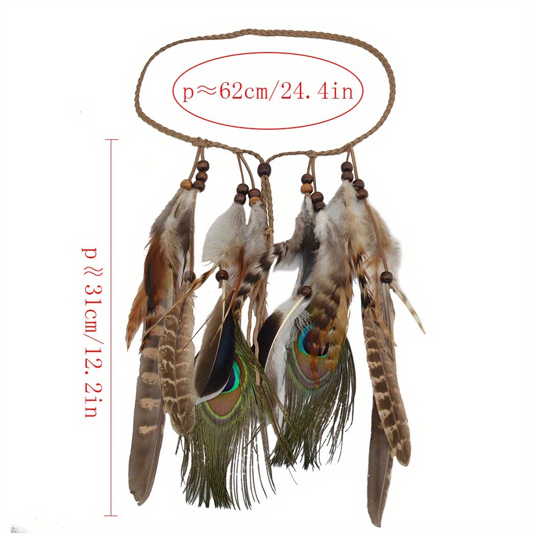 Faux Peacock Feather Head Rope Western Style Hand Woven Boho - Temu