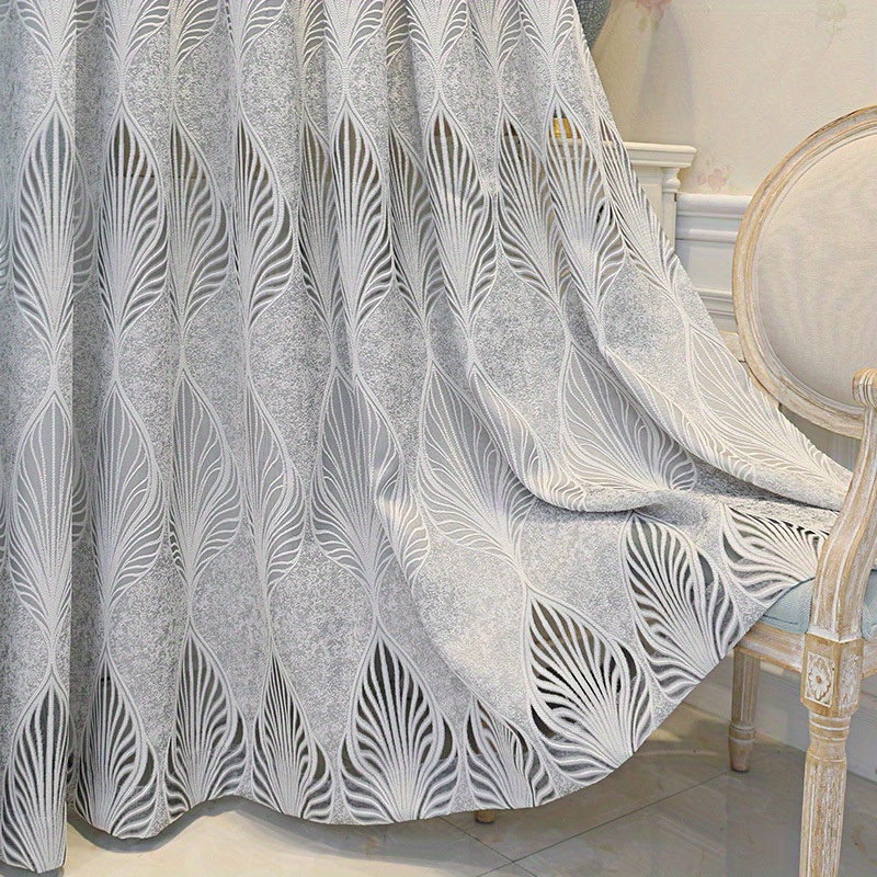 1pc european retro grey hollow feather leaves jacquard yarn curtain window treatment for bedroom office   room study home decor details 3