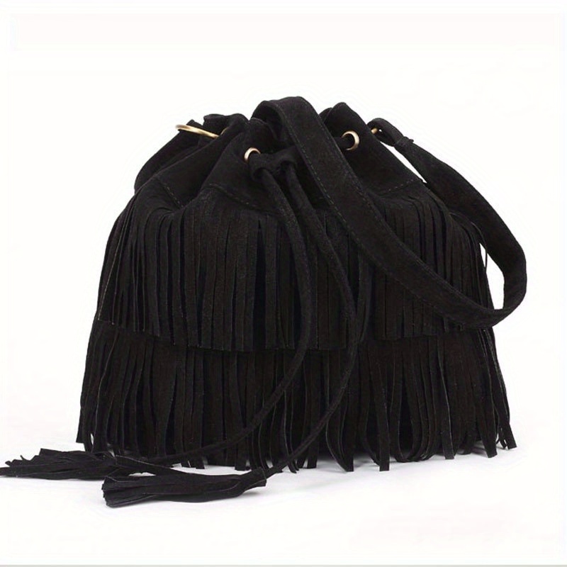 Tassel Decor Soft Crossbody Bag Drawstring Bucket Bag