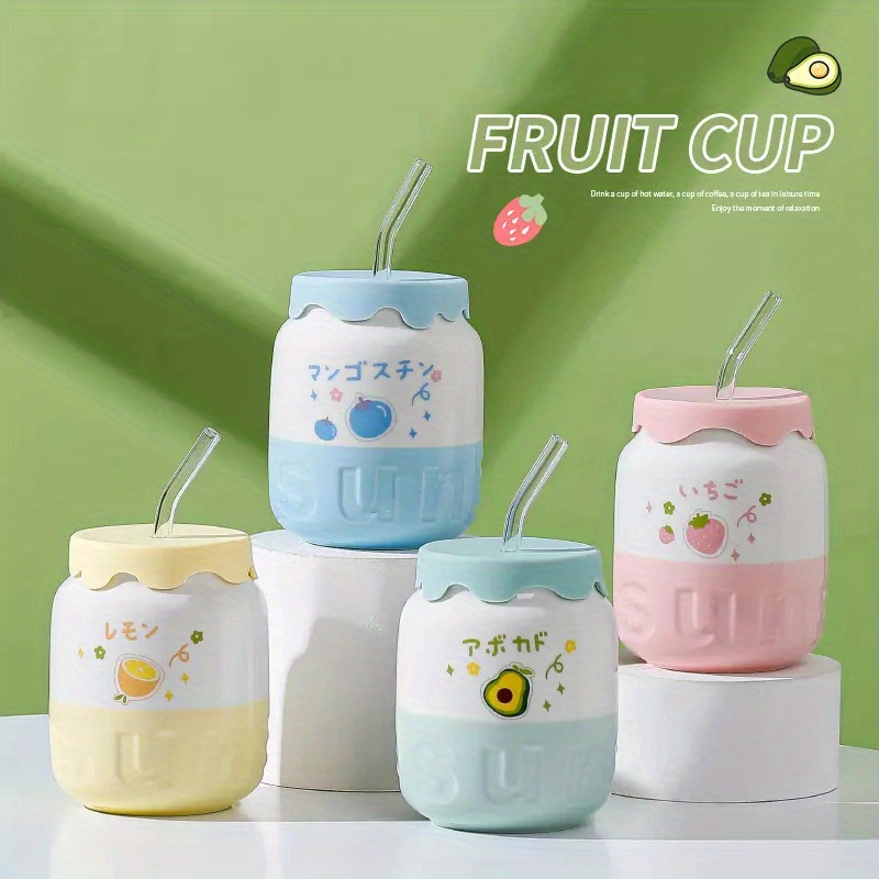 1pc Glass Cup With Straw And Handle, Scale Cup With Lid And Spoon, Cute  Fruit Printed Cup For Girls