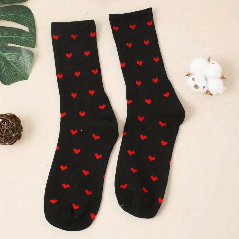A Pair Of Mid-calf Socks With A And Red Hearts, Stylish And Versatile