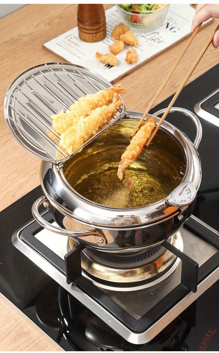 Tempura Frying Pot, Japanese Style Fryer Pot, Stainless Steel Deep Frying  Cookware with Thermometer, Lid, Oil Drip Drainer R…