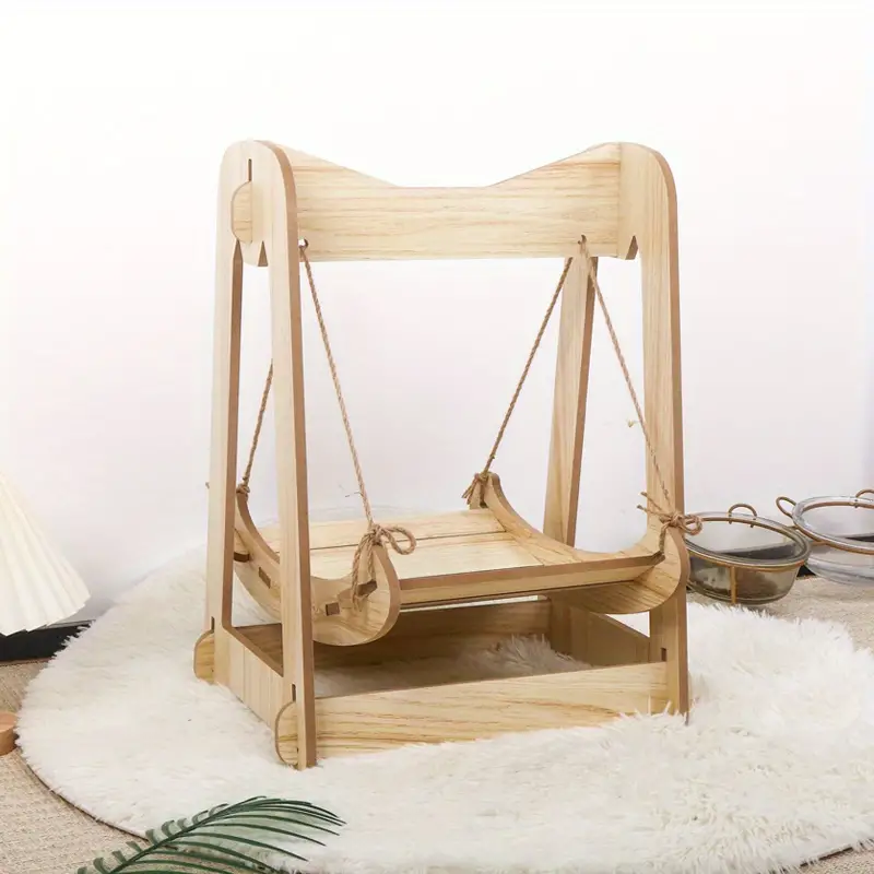 calming wooden cat beds for indoor cats cat hammock wood swing bed furniture pet toy details 5