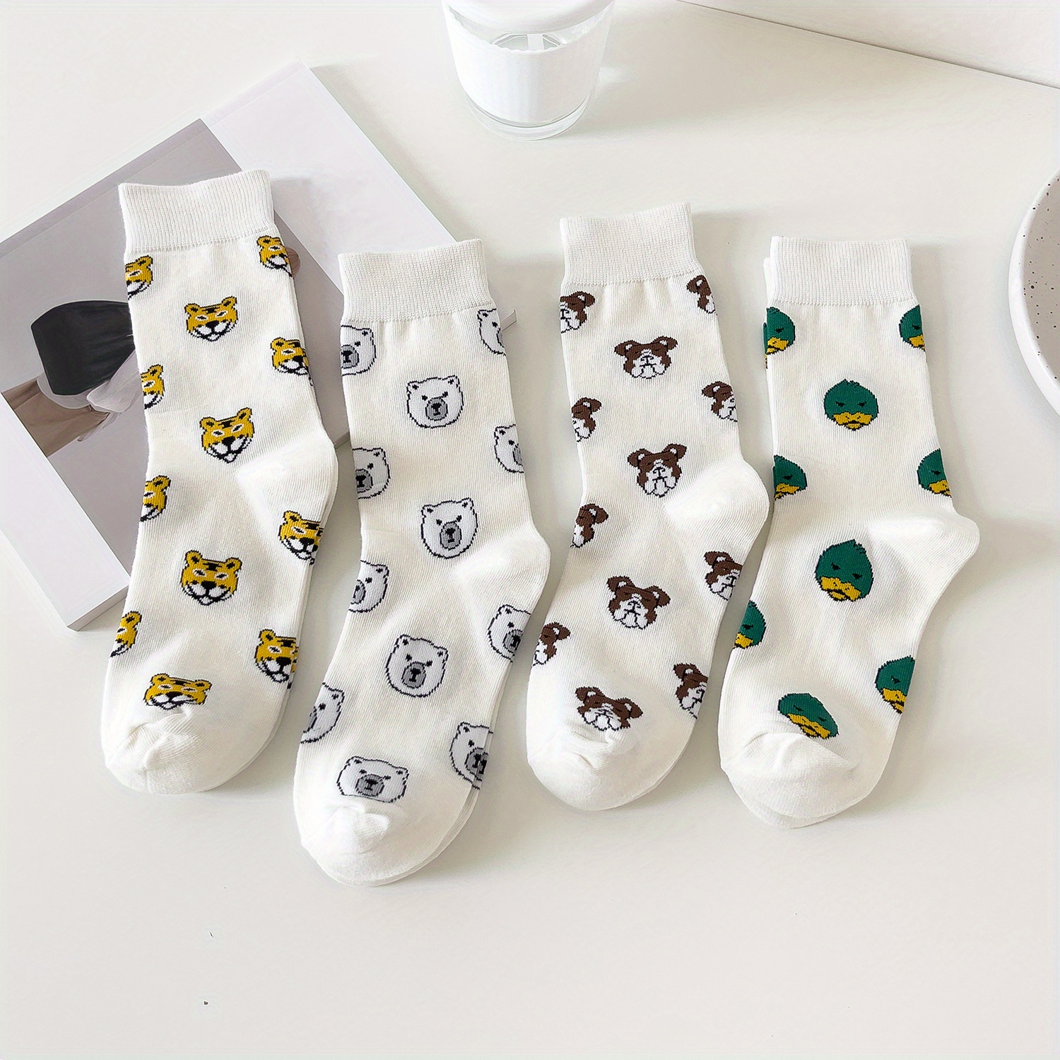 4 Pairs Cartoon Animal Print Socks Comfy Breathable Mid Tube Socks ...