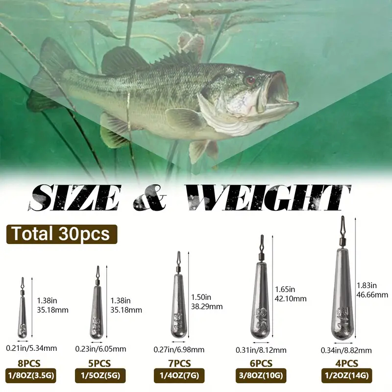 * 30pcs Fishing Weights, Fishing Sinker Drop Shot Weights Fishing Weights  Kit Drop Shot Rig & * Rig Fishing Weights, 5 Sizes 1/8oz 1/5oz 1/4o