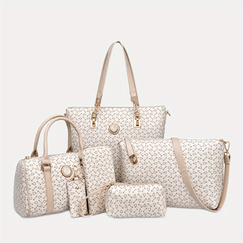 5pcs/set Fashion Print Large Capacity Shoulder Bag, Casual Tote Bag Handbag