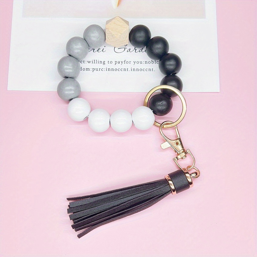 1pc Tassel Wooden Beads Imitation Silicone Beads Hand String Keychain for Men,Temu