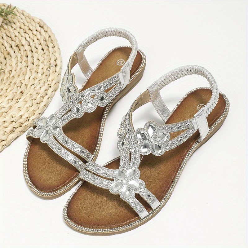 Women's Floral Rhinestone Flat Sandals Boho Style Open Toe - Temu