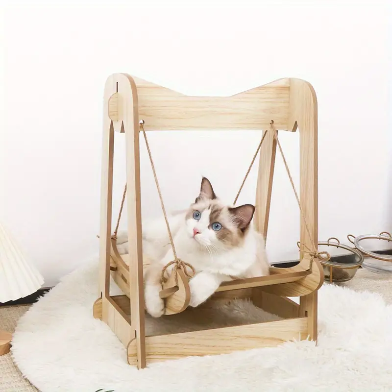calming wooden cat beds for indoor cats cat hammock wood swing bed furniture pet toy details 3