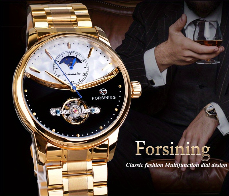 Forsining Montre Mécanique Pour Hommes, Phase De Soleil Automatique Étanche  Tourbillon En Acier Inoxydable Montre De Sport - Temu Belgium