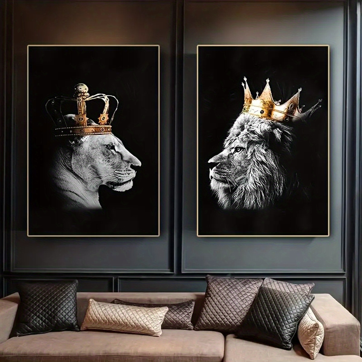 2pcs Frameless King And Queen With Golden Crown Lion Wall Poster Wall ...