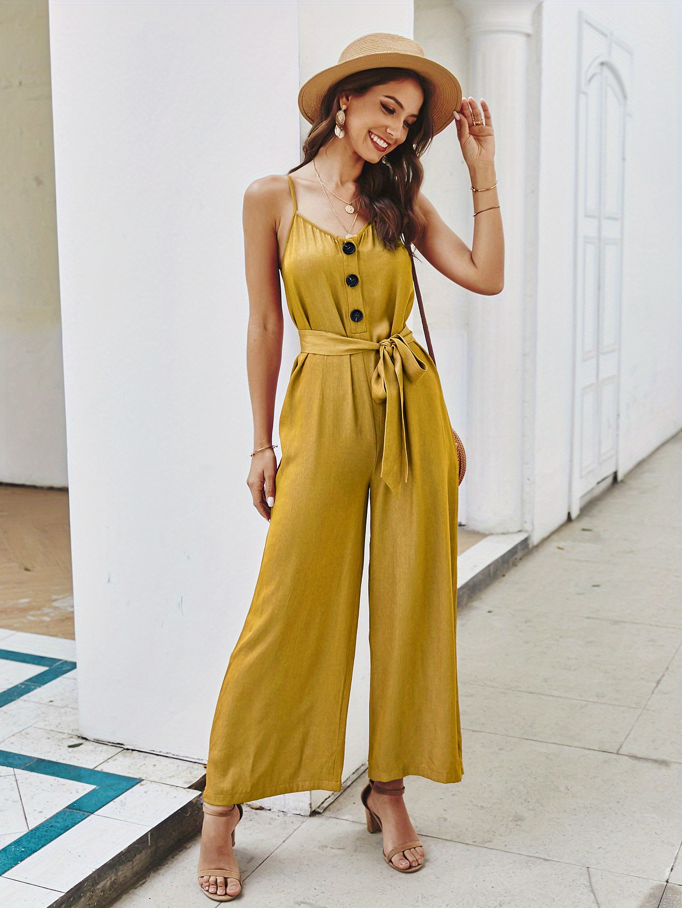 Mustard Wide Leg Pants with Ballerina Shoes Outfits (2 ideas