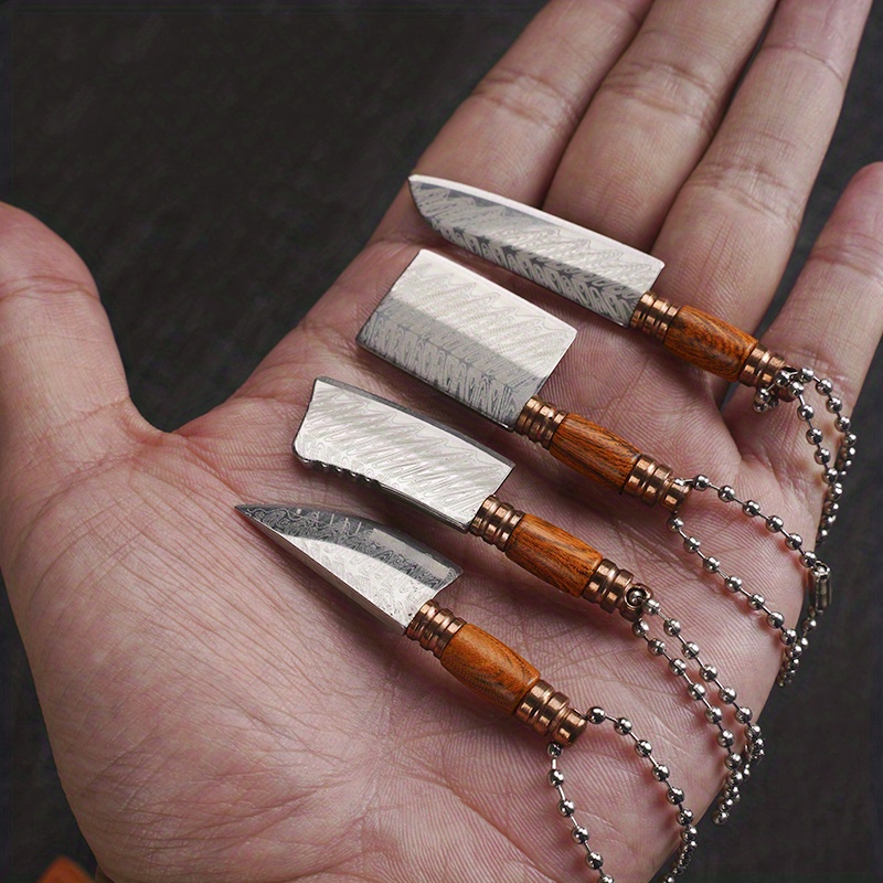 Handmade Miniature Kitchen Knife Damascus Steel Small Knife Box Package  Opener Pendant With Leather Sheath 