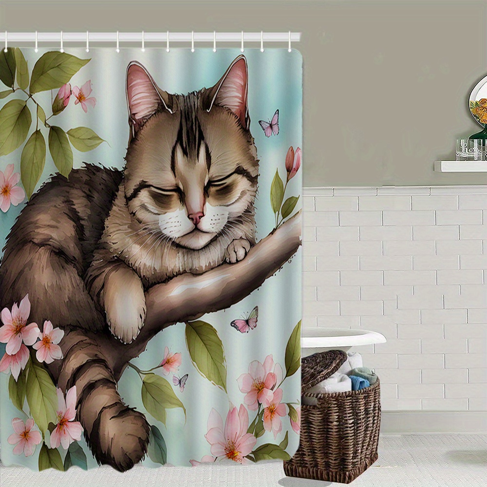 Bathroom Rugs Shower Curtain Cute Diving Cat Pattern - Temu