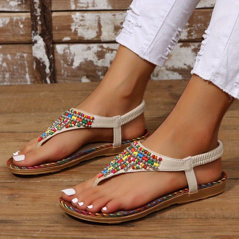 Women's Beads Decor Thong Sandals トレンディなボホスタイルフラット