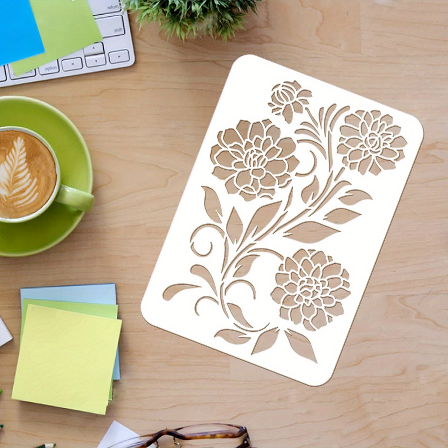 TEMU 1pz Stencil Dahlia 11,7x8,3 Pollici Fiori di Plastica per Disegno e Pittura Stencil Margherita Foglia Riutilizzabile per Pittura su Legno, ,