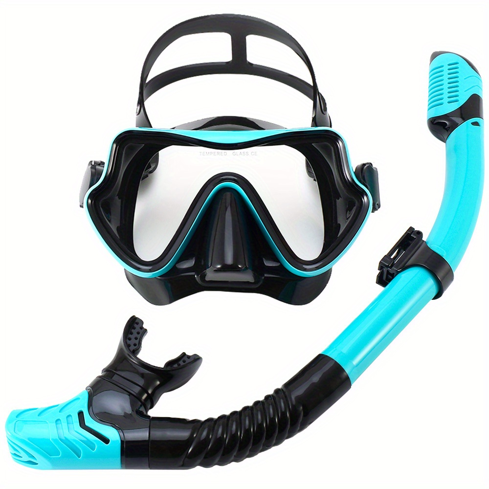 Green Snorkel And Mask Set Wide View Anti-Fog Tempered Glass