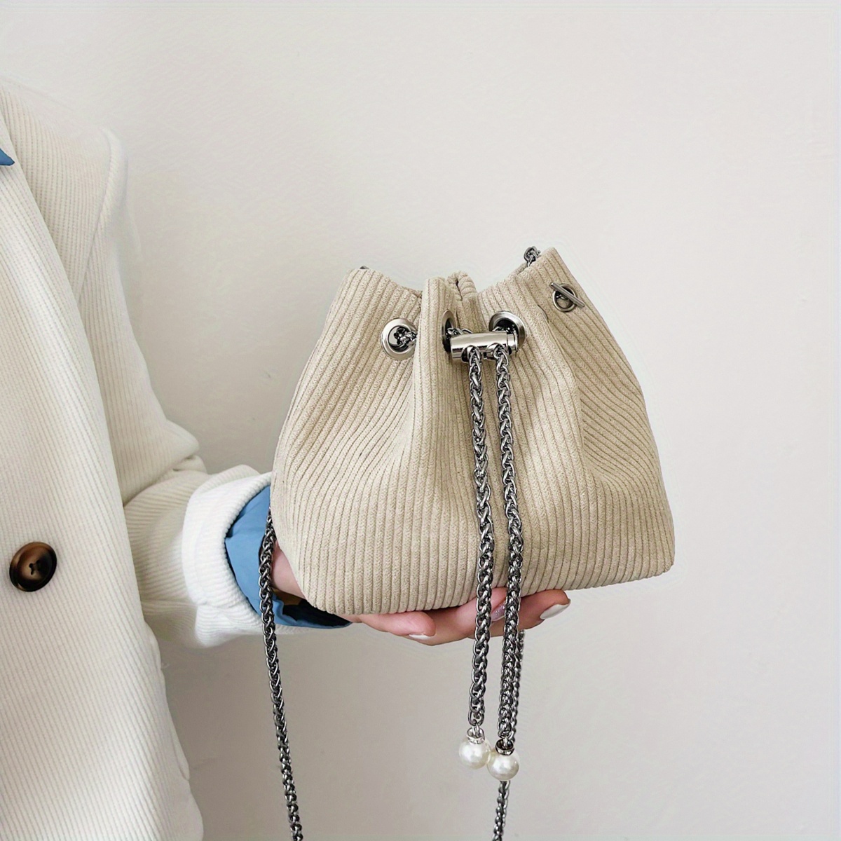Mini Corduroy Chain Bucket Bag, Metal Drawstring Design Purse, Women's Crossbody Bag (6.3*5.5*4.1) Inch,$7.39,Stripes,White,Temu