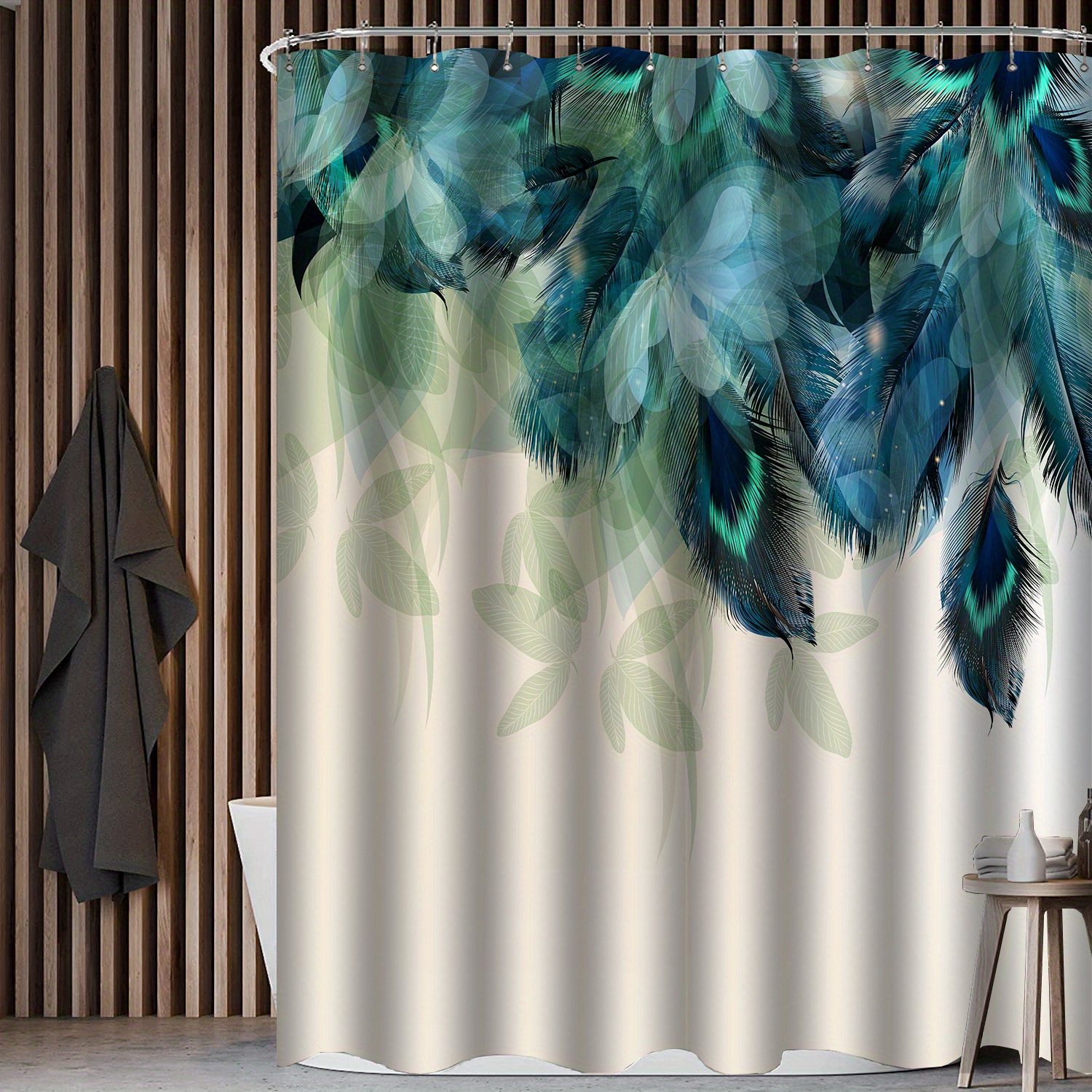 Peacock Feather Print Bathroom Set Vintage Shower Curtain - Temu